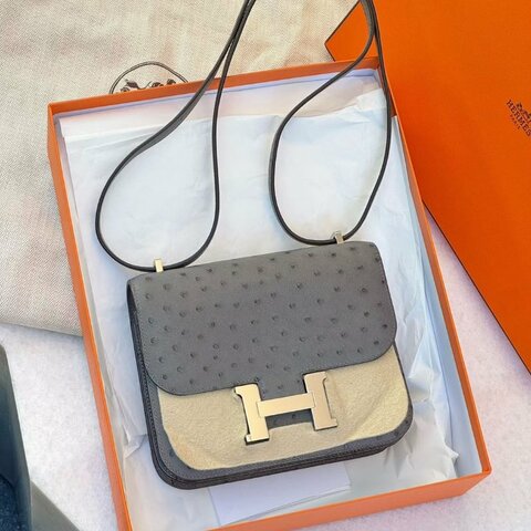 【精選美品】HERMES 鴕鳥皮 康康 19CM 積雨雲灰 銀扣  全新商品
