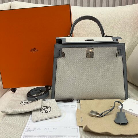 愛馬仕 Hermès Kelly 28 凱莉 冰川藍帆布拼灰 Swift皮＋Toile帆布 銀扣｜全新｜G刻