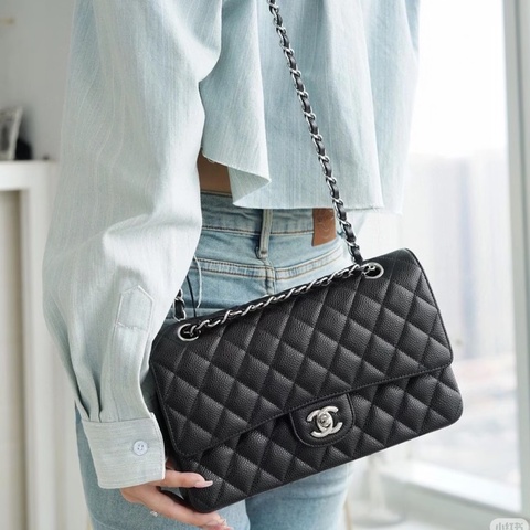 💎Chanel香奈兒｜黑色珠光銀扣荔枝皮cf小號｜98新