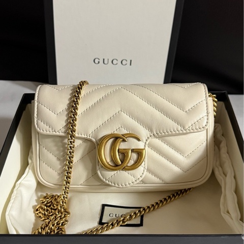 gucci古馳 白色金扣白金馬蒙Marmont迷你mini鏈條單肩斜挎包內里乾淨