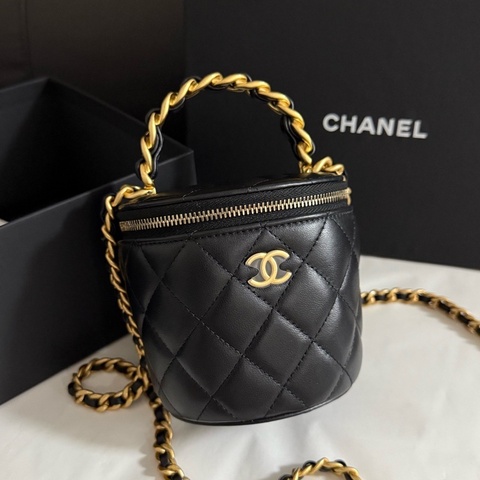 Chanel香奈兒黑金髮財桶手柄盒子包手提單肩斜挎包 芯片款