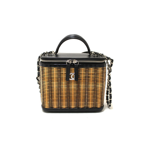 Chanel Black Calfskin and Raffia Vanity Case Shoulder Bag