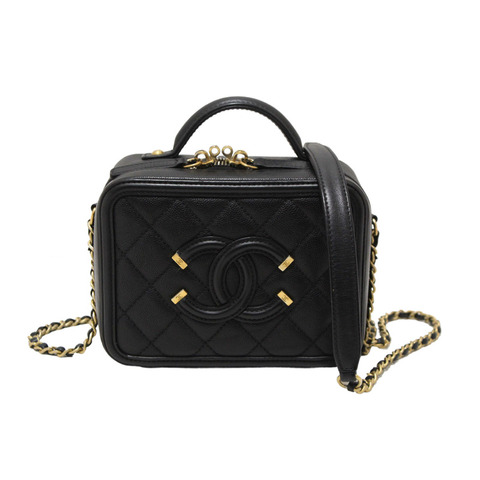 Chanel Black Quilted Caviar Leather Small CC Filigree Vanity Case