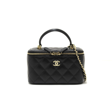 Chanel Black Quilted Lambskin Leather Top Handle Vanity Case with Chain