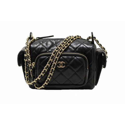 Chanel Black Shiny Crumpled Lambskin Quilted Small Preppy Pocket Camera Case Bag