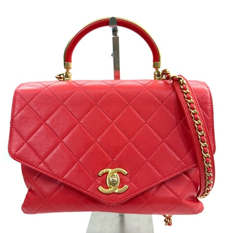 CHANEL 香奈兒 橘紅色羊皮 TOP HANDLE 手提斜背2way包 AS0626 NO.27（無卡）