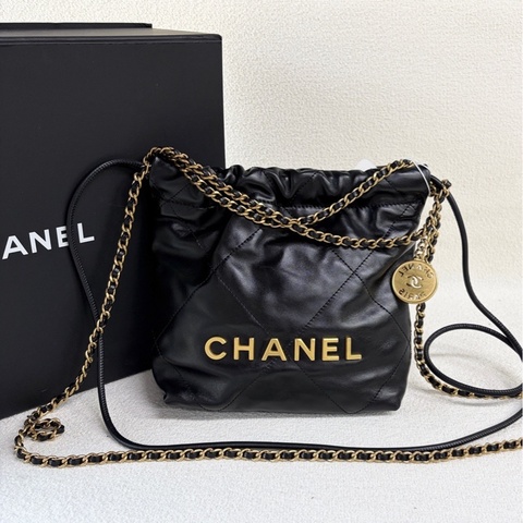 🌷芯片款！Chanel 香奈兒22bag 黑金牛皮 mini