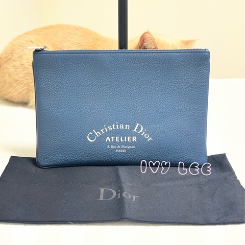 Christian Dior Atelier 小牛皮拉鍊手拿包 錢袋 海軍藍  正品 二手精品