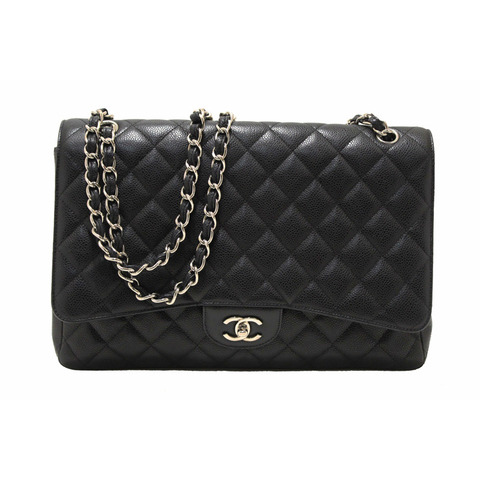 Chanel Classic Black Single Flap Caviar Leather Maxi Chain Shoulder Bag