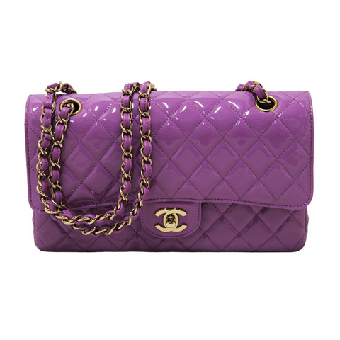 Chanel Purple Quilted Patent Leather Classic Medium Double Flap Bag