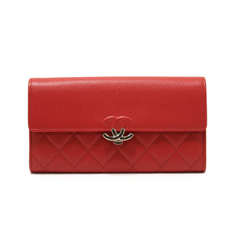 Chanel Red Quilted Caviar Leather CC Box Flap Long Wallet