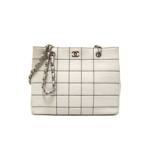 Chanel Vintage White Leather Chocolate Bar Wild Stitch Chain Tote Shoulder Bag