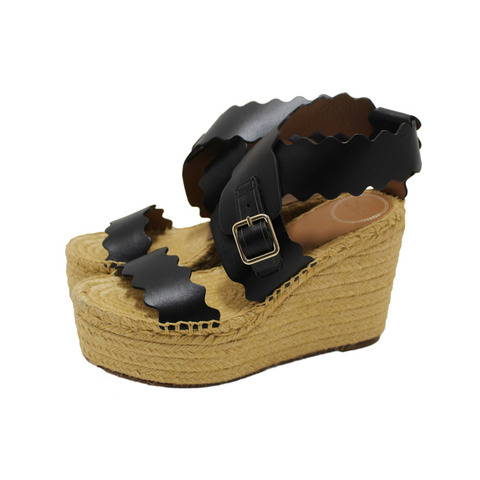 Chloe Black Nubuck Leather Lauren Wedge Espadrille Sandal Shoes Size 37