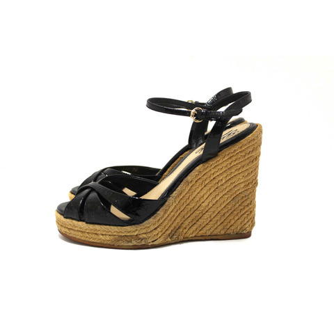 Gucci Black Guccissima Patent Leather Penelope Espadrille Wedges Sandals Size 36