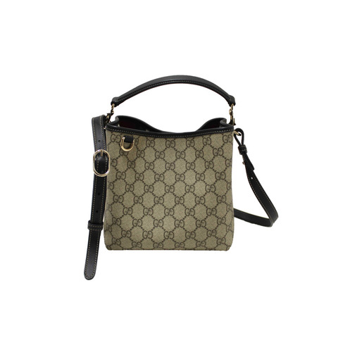 Gucci GG Supreme Monogram with Black Leather Emblem Mini Bucket Bag 815118
