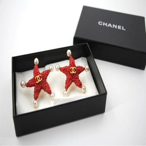 Chanel Vintage 93C 熔岩紅色鍍金海星仿珍珠耳環