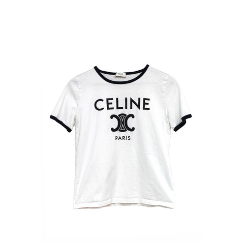 Celine White and Navy Cotton Graphic Logo Print T-shirt size S
