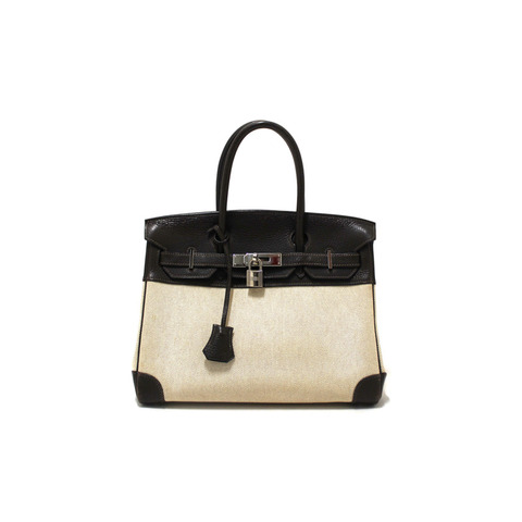 Hermes Brown Togo Leather and Toile Canvas Birkin 30 Bag