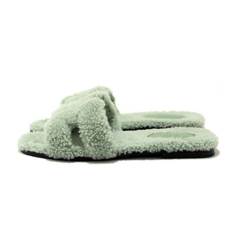 Hermes Green Shearling Fur Oran Flat Sandal Shoes Size 38