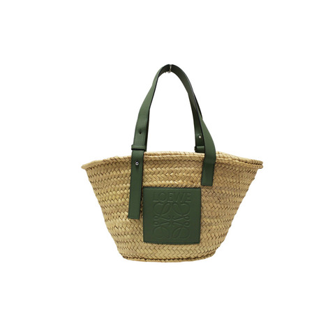 Loewe Palm Leaf and Green Calfskin Leather Basket Bag