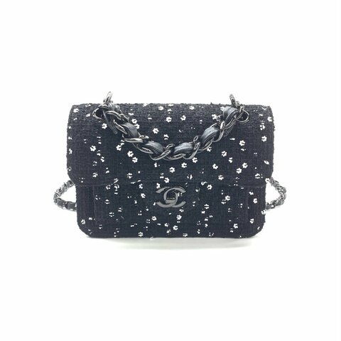 Chanel 黑色 毛呢 山茶花亮片 23k 晶片 肩背包