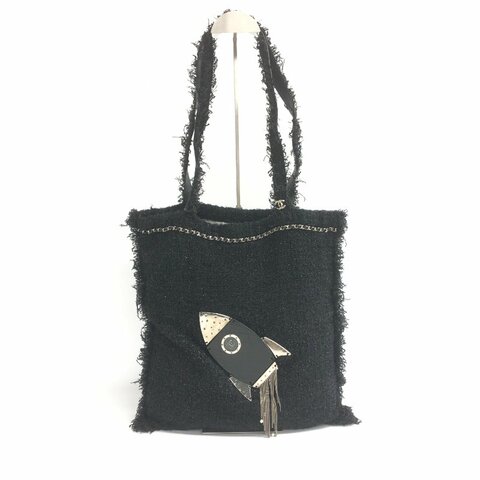 Chanel 黑色 火箭 毛呢 tote 24開 肩背包