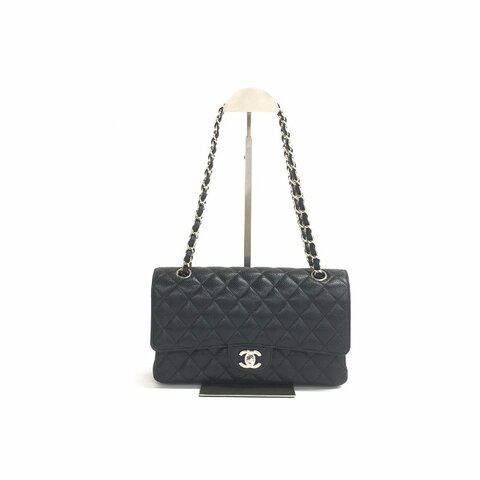 Chanel 黑銀 cf 中號 荔枝牛 29開 肩背包