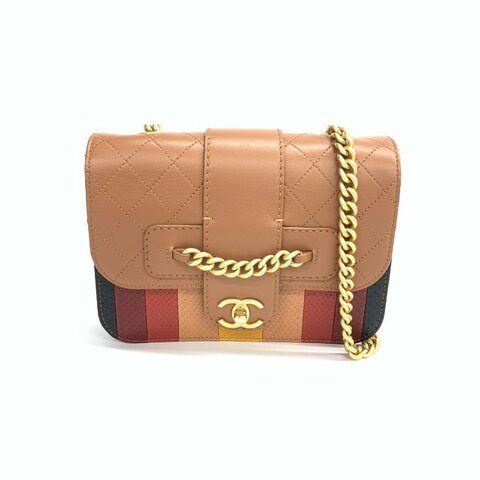 Chanel 棕色 孟買 郵差 拼皮 25開 肩背包