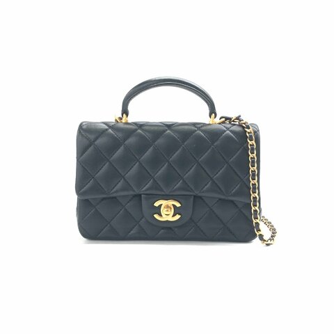 Chanel 香奈兒 黑金 手柄 大mini 經典 小羊皮 肩背包 晶片21年6月澳門