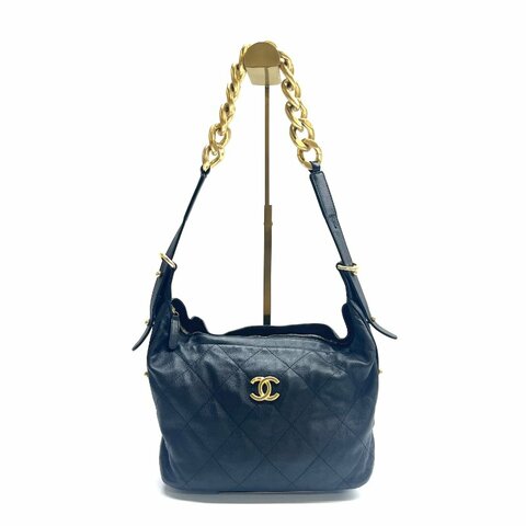 Chanel hobo 黑金 菱格紋 中號 牛皮 肩背包