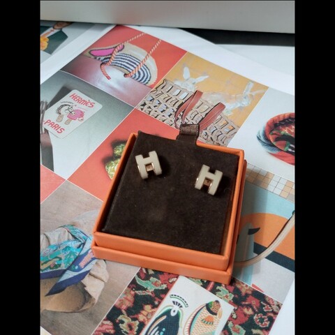 Hermes 金邊灰色H耳環 POP H