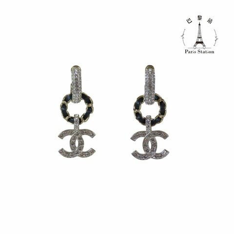 【巴黎站二手名牌專賣店】＊現貨＊CHANEL 香奈兒 真品＊經典皮穿鍊圓環 鑲鑽雙C吊墜 耳環