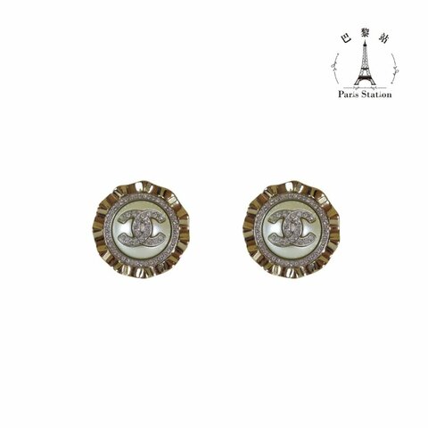 【巴黎站二手名牌專賣店】＊現貨＊CHANEL 香奈兒 真品＊經典水鑽雙C 荷葉邊圓牌 珍珠耳環