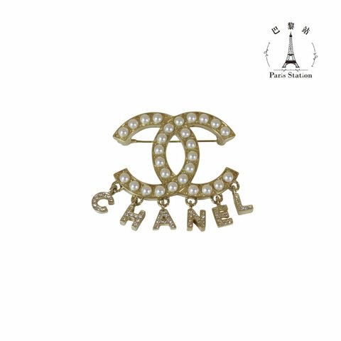 【巴黎站二手名牌專賣店】＊現貨＊CHANEL 香奈兒 真品＊經典雙C 珍珠鑲嵌 懸掛水鑽字母吊飾 胸針