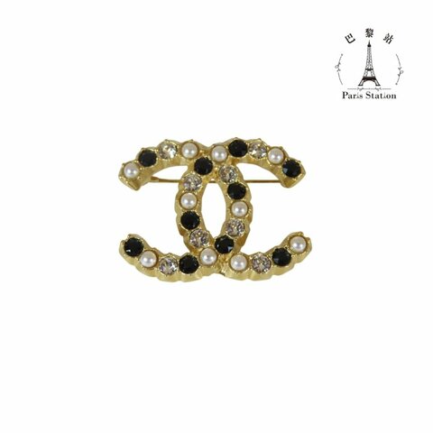 【巴黎站二手名牌專賣店】＊現貨＊CHANEL 香奈兒 真品＊經典黑白黑鑽 幾何珍珠金屬雙C 胸針