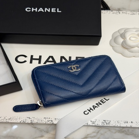 CHANEL 經典藍銀ㄇ字拉鍊錢包