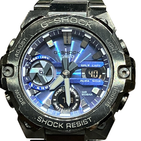 卡西歐 G-SHOCK 手錶，總重 152.4 克，不銹鋼材質，太陽能電波校時，海軍藍錶盤，型號 GST-B400-1A2JF