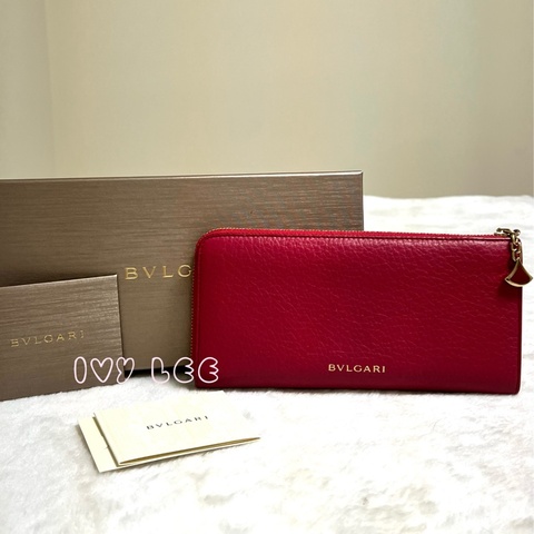BVLGARI 寶格麗 經典粒面小牛皮L型 扇形拉鍊 寶石紅 長夾 正品 二手精品
