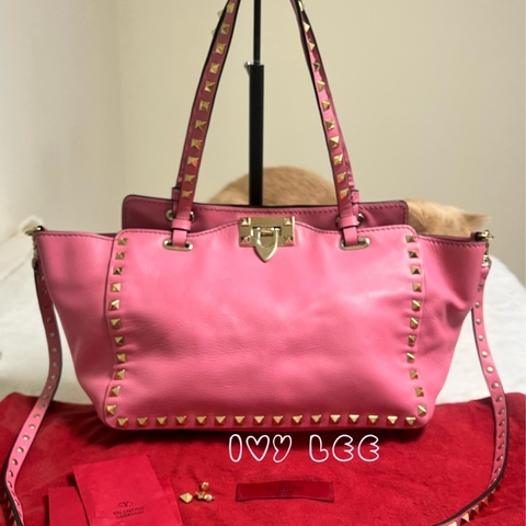 Valentino Rockstud 鉚釘皮革兩用托特包 粉紅 斜背包 肩背包 正品 二手精品