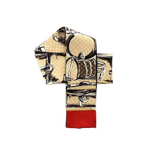 Louis Vuitton Silk Monogram Trunks Red Twilly Bandeau Scarf