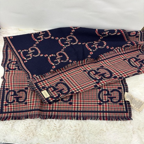 Gucci雙面logo圍巾 經典老花 藍紅格紋  全新