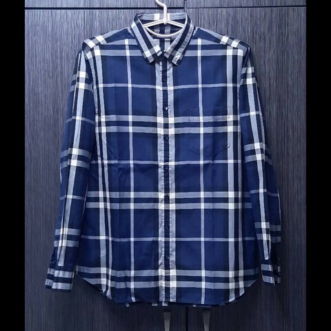 （日本製MIJ）BURBERRY 博柏利 LONDON 男藍白灰馬德拉斯格紋長袖襯衫L
