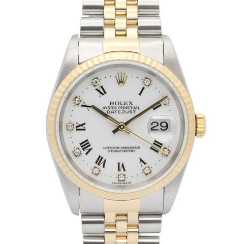 勞力士 Datejust 10P 鑲鑽 U 字頭腕錶，18K（黃金）不鏽鋼錶殼，鑲鑽，男士腕錶，白色錶盤，羅馬數位時標，老款，16233G