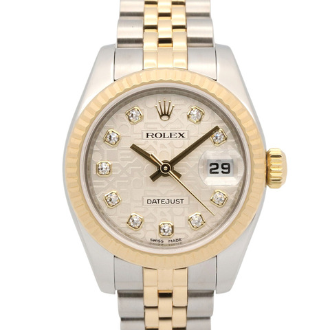 Rolex Datejust 10P 鑲鑽 V 字頭腕錶，18K（黃金）不鏽鋼錶殼，鑲鑽，女款，銀色錶盤，電腦控制，全新 179173G