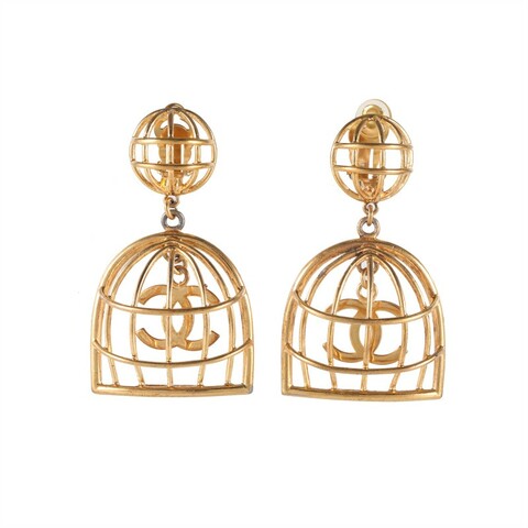 Chanel 素金鸟笼耳夹