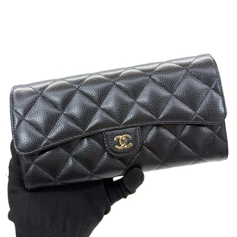 CHANEL 香奈兒 黑色荔枝紋金扣長夾 AP0241 RFID