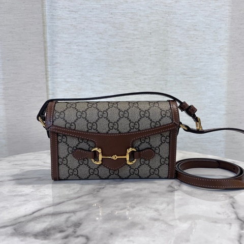 Gucci Pvc咖皮邊金釦Horsebit 1955下蓋肩斜背包