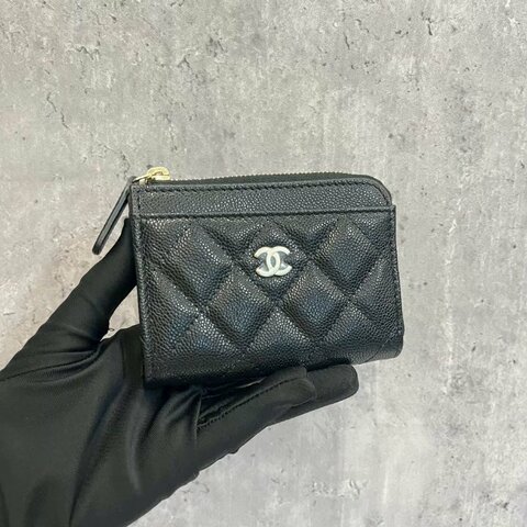 Chanel L型拉鍊短夾 黑金荔枝牛 全新全配
