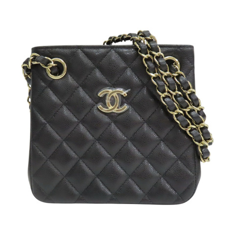 黑色 菱格紋 荔枝牛皮 Mini Bucket 鍊帶肩背包 金釦【CHANEL 香奈兒】 AS3176