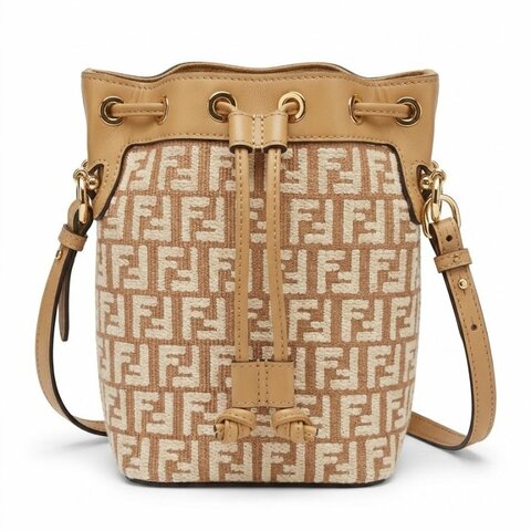 FENDI Mon Tresor 淺棕色FF緹花迷你水桶包